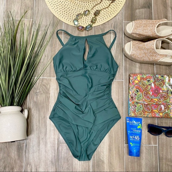 Ellen Tracy Other - Ellen Tracy sage green keyhole ruched swim suit